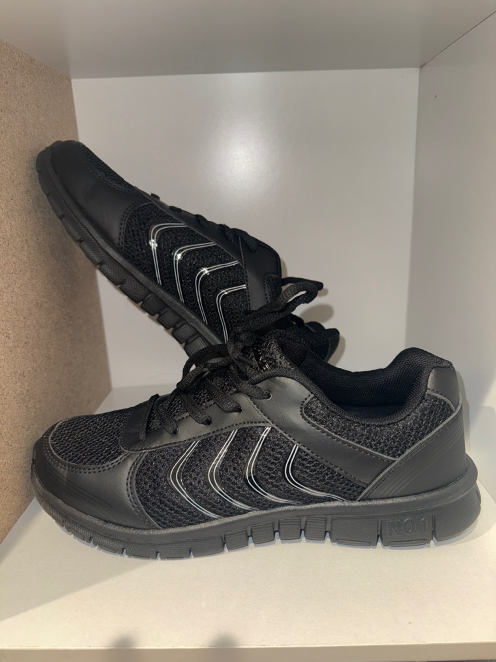 size 6.5 worn once Black Mesh & faux Leather Lace-Up Sneakers